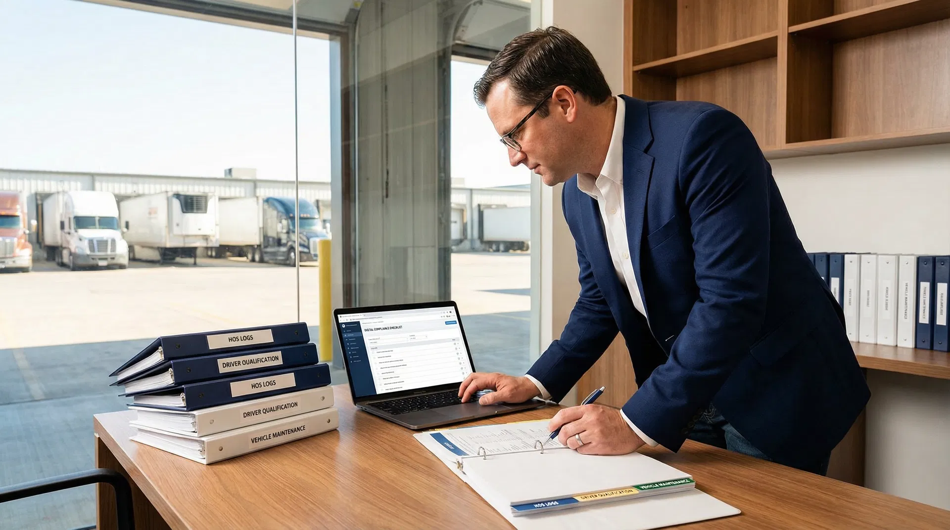 Fleet manager reviewing DOT compliance documents at desk with binder folders labeled HOS Logs, Driver Qualification, and Vehicle Maintenance, with semi-trucks visible through office window