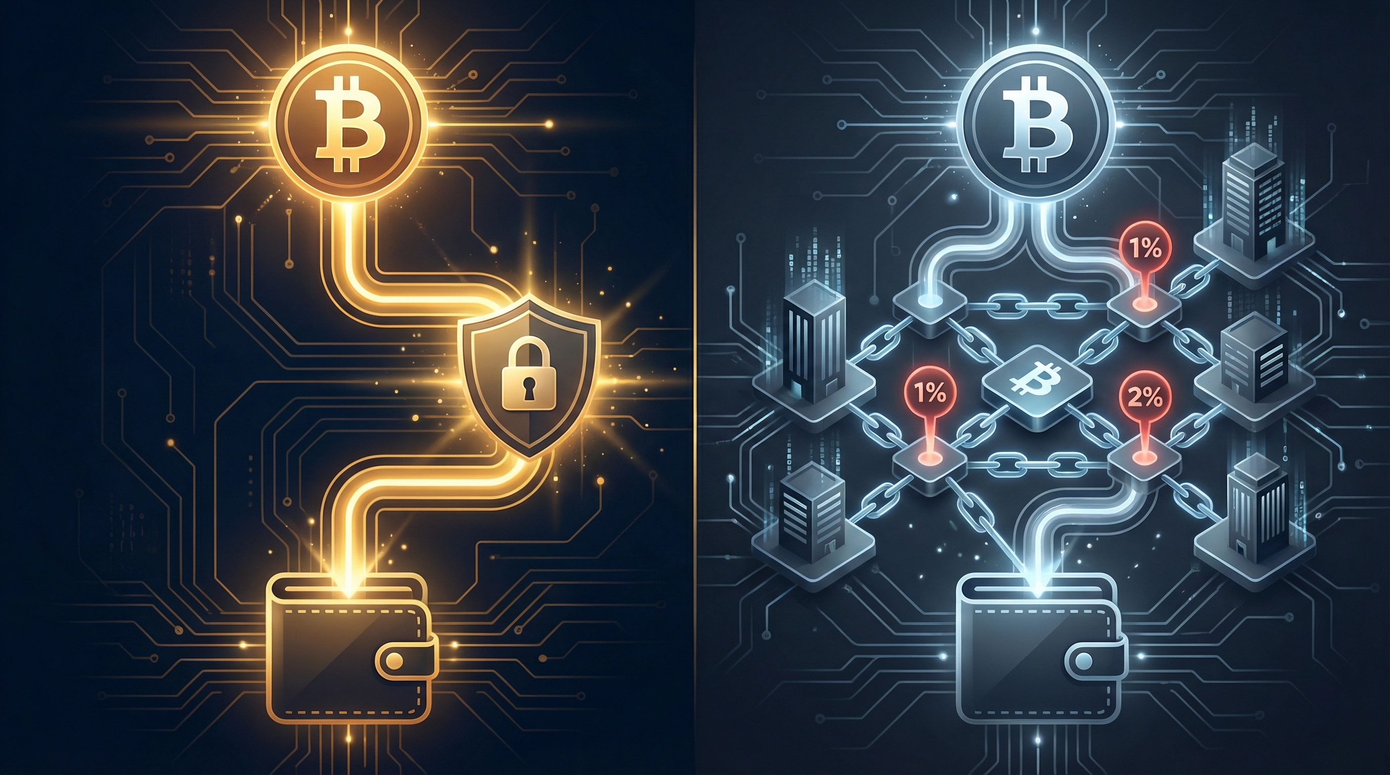 Split-screen comparison showing self-hosted Bitcoin payment flowing directly to wallet versus third-party custodial processing through intermediaries with fee percentages