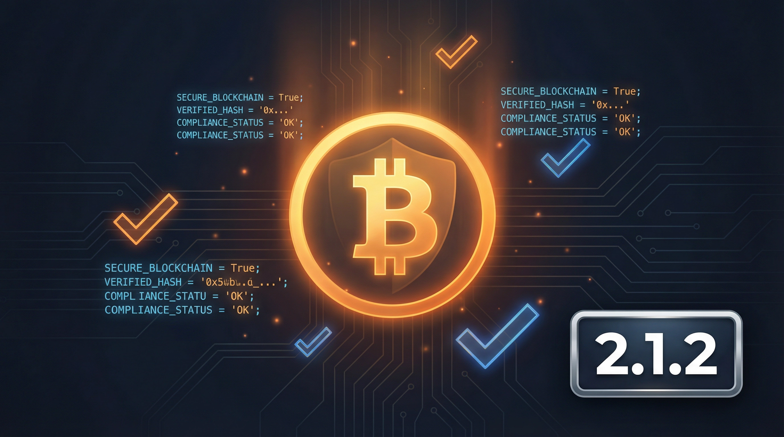 BTC Checkout version 2.1.2 announcement graphic with Bitcoin shield symbol and compliance checkmarks on dark circuit board background