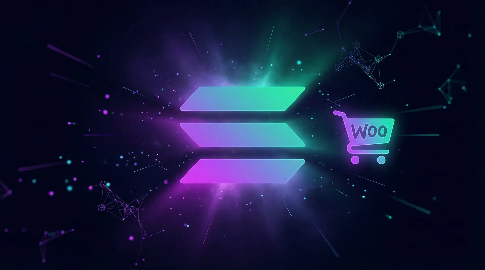 Solana blockchain logo with WooCommerce shopping cart icon on a dark background with purple and teal gradient lighting