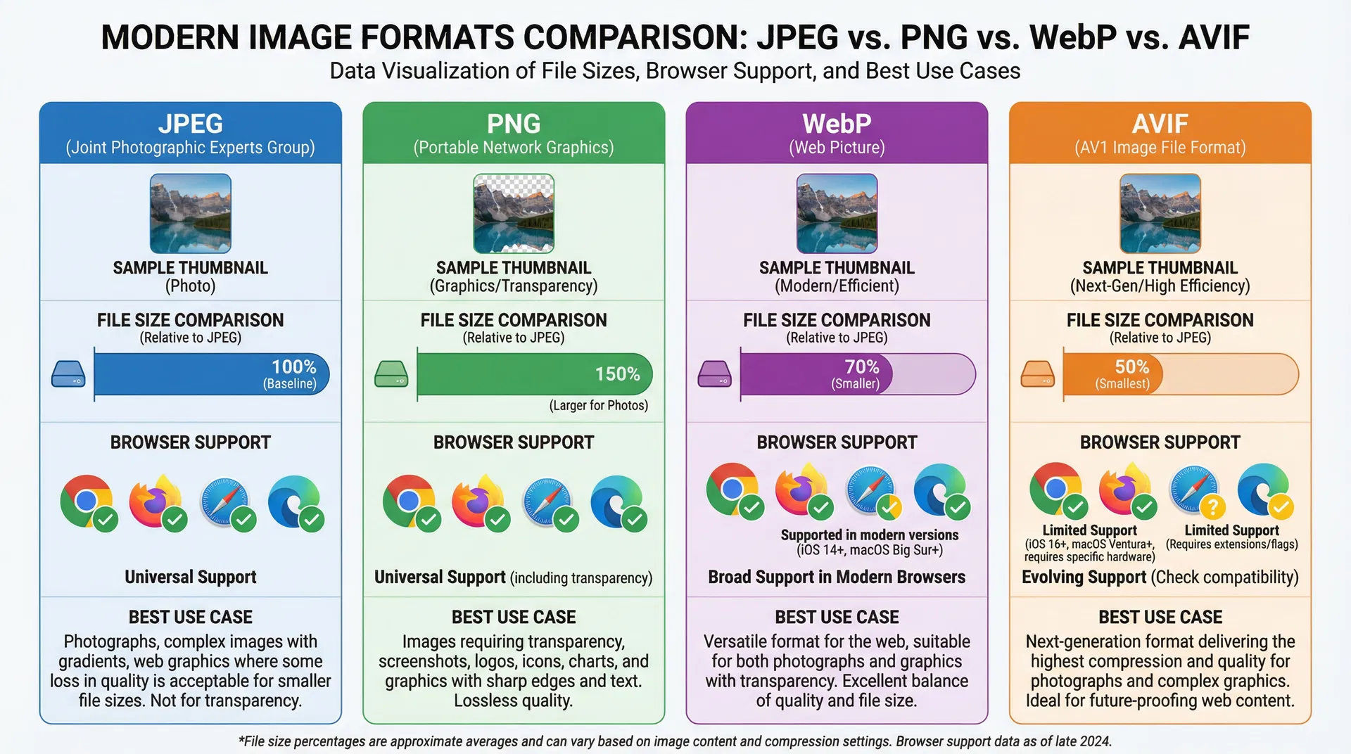 Modern image formats comparison: JPEG vs PNG vs WebP vs AVIF showing file sizes, browser support, and best use cases