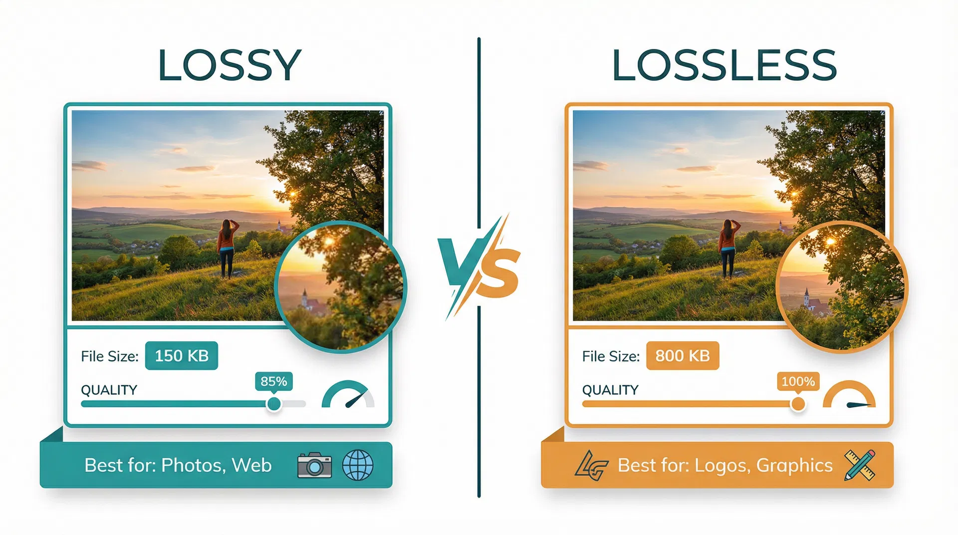 Lossy vs lossless compression comparison showing file size and quality differences