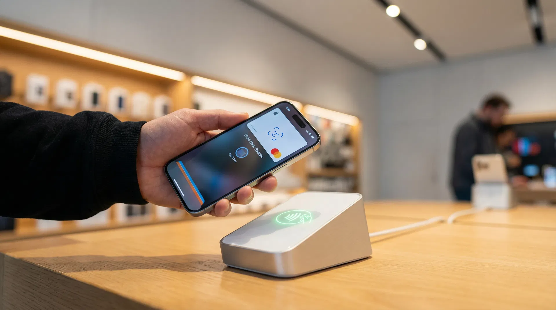 Person tapping iPhone at NFC contactless payment terminal showing Apple Pay interface