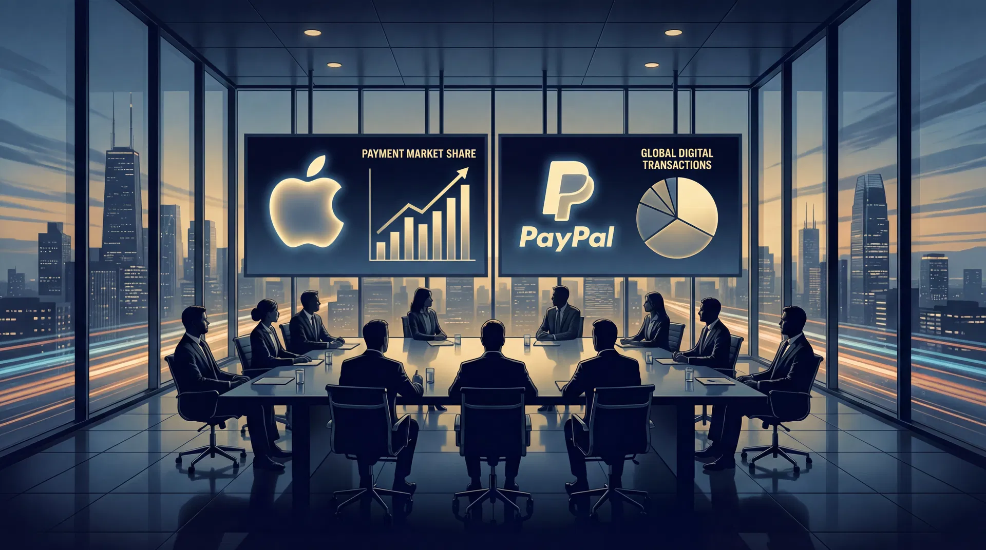 Corporate boardroom with Apple and PayPal logos on presentation screens showing merger strategy discussion