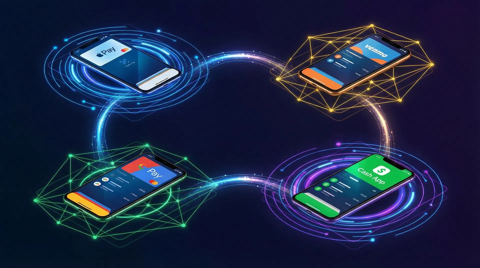 Digital payments competitive landscape showing Apple Pay, Venmo, Google Pay, and Cash App connected by network lines