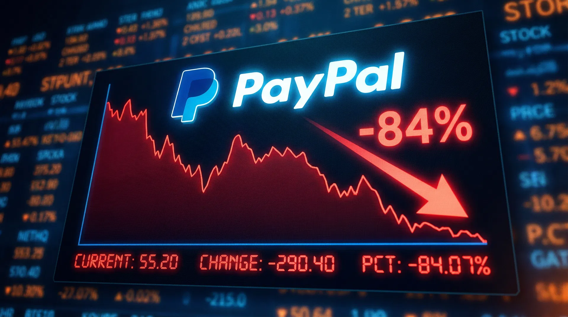 PayPal stock chart showing 84% decline from 2021 peak