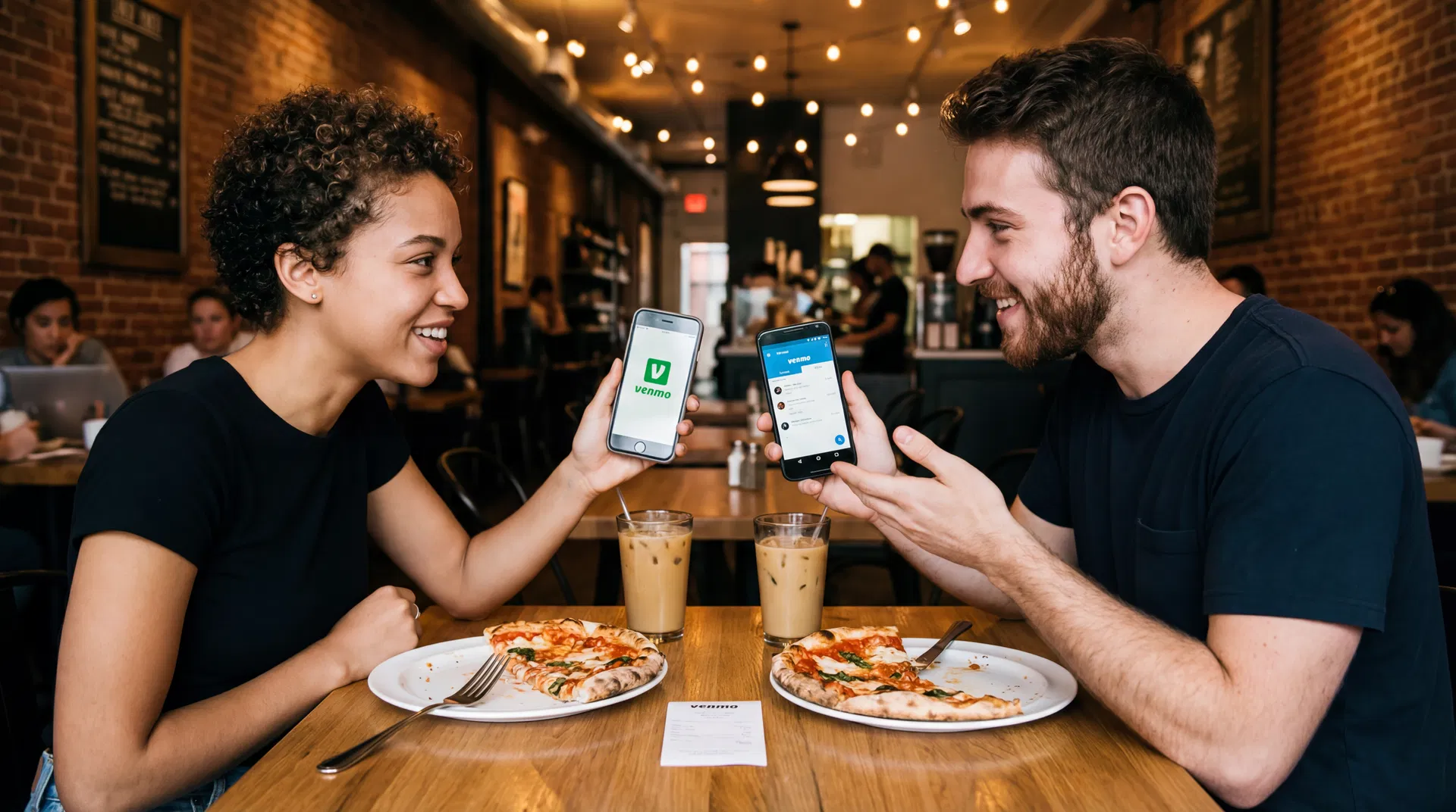 Two friends using Venmo on different phones to split a restaurant bill, showing cross-platform payment