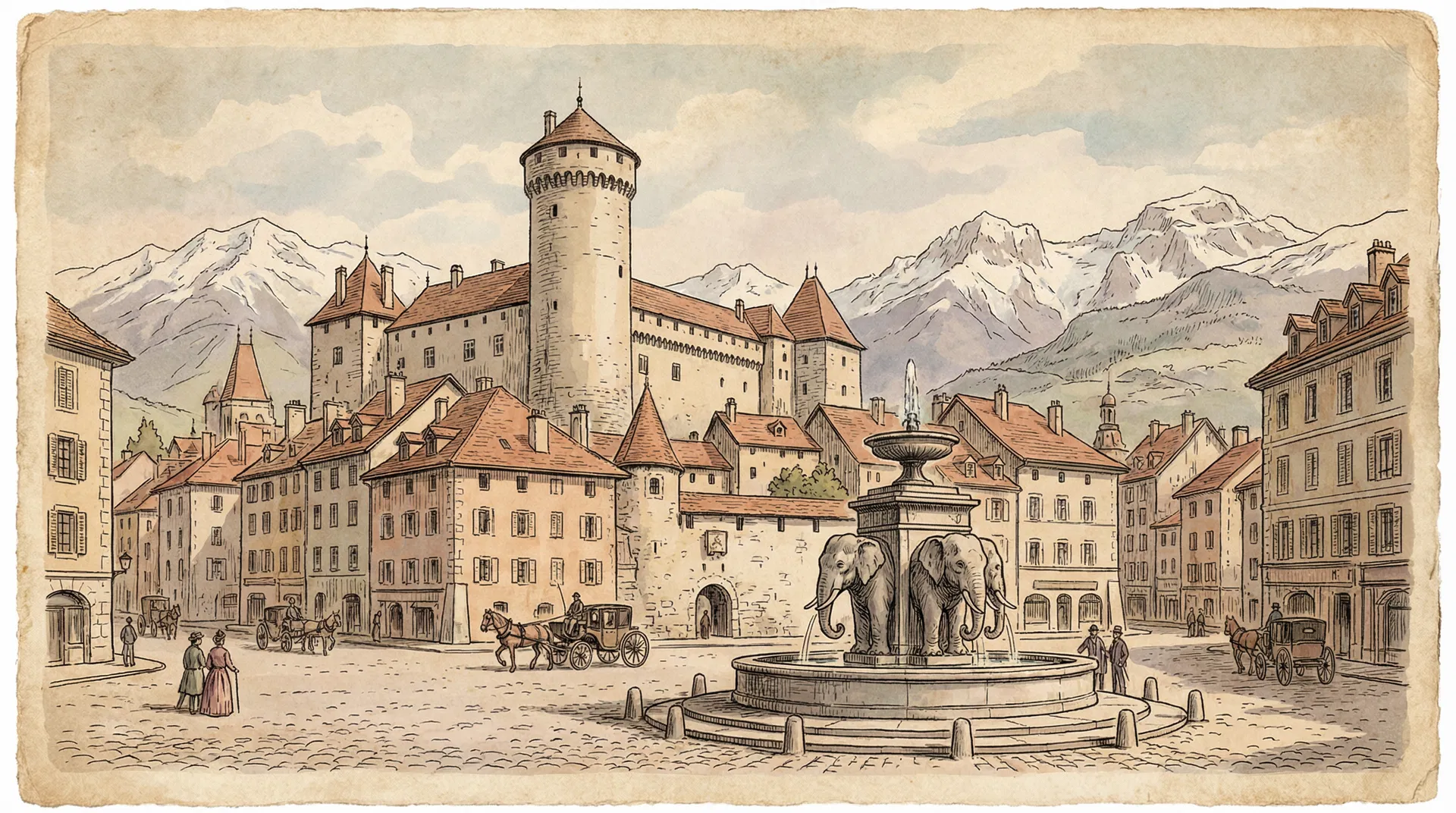 Carte postale ancienne de Chambéry — Château des Ducs de Savoie et Fontaine des Éléphants