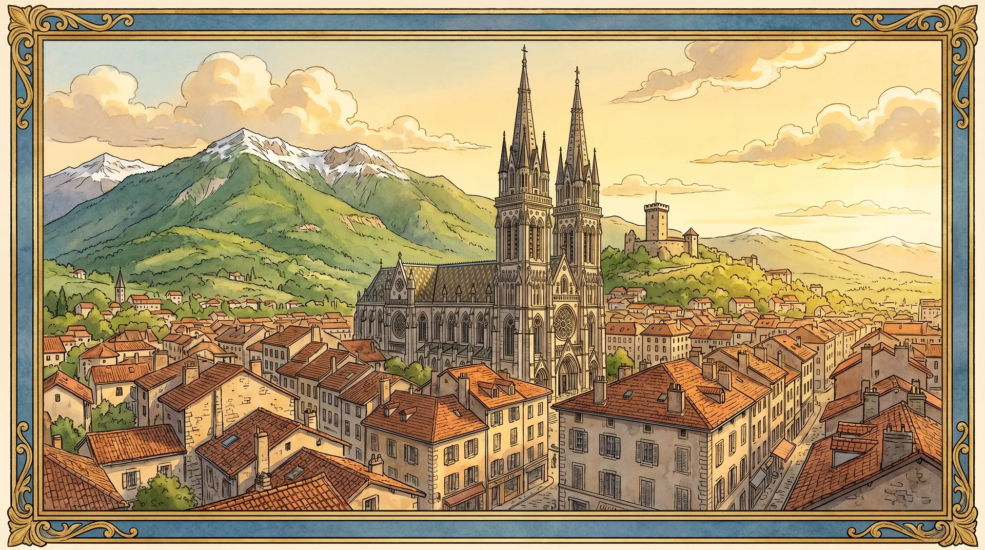 Vue panoramique de Voiron avec l'Église Saint-Bruno et les montagnes de la Chartreuse, Isère (38500)