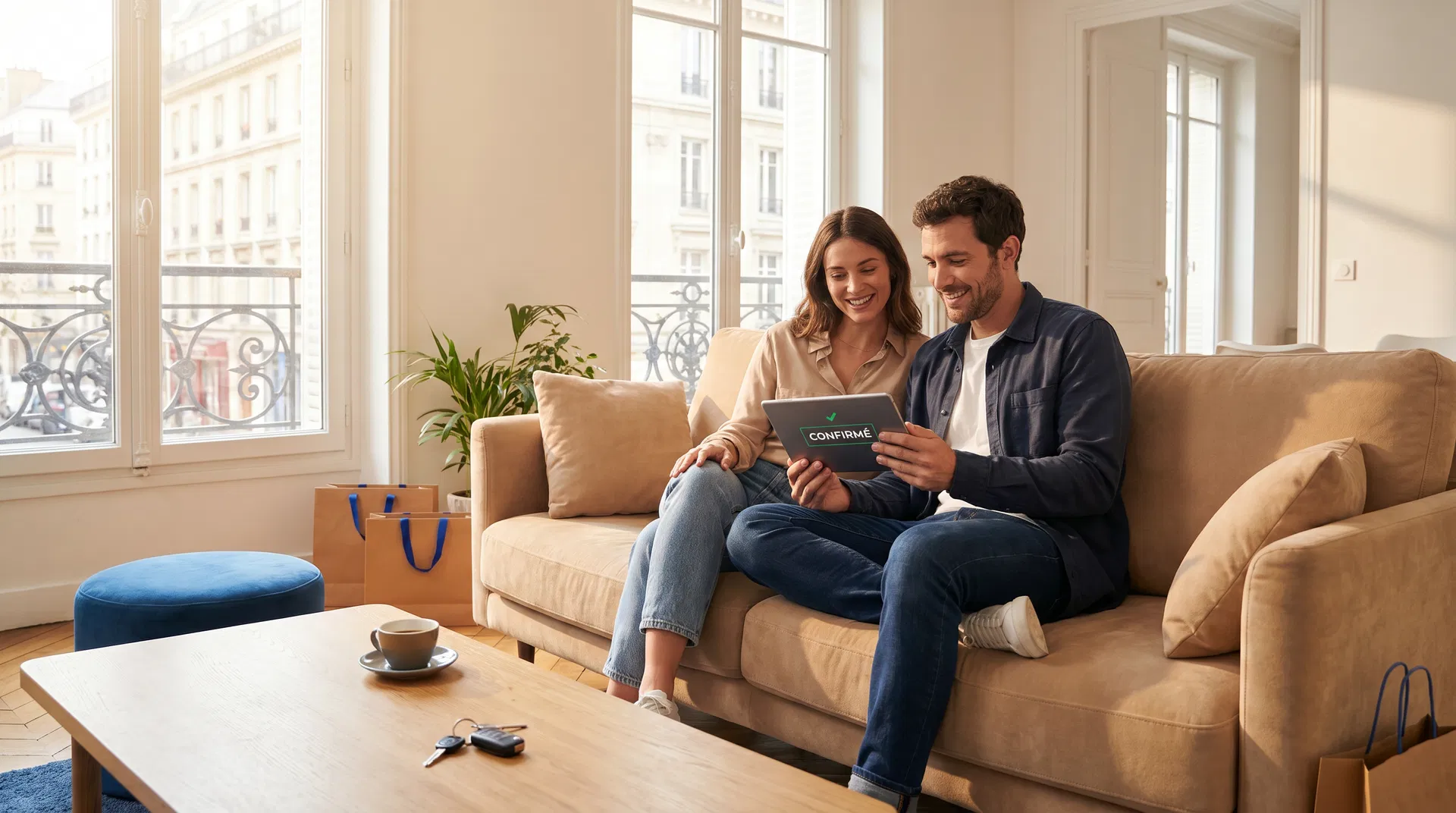 Couple heureux consultant un crédit consommation sur tablette dans leur salon