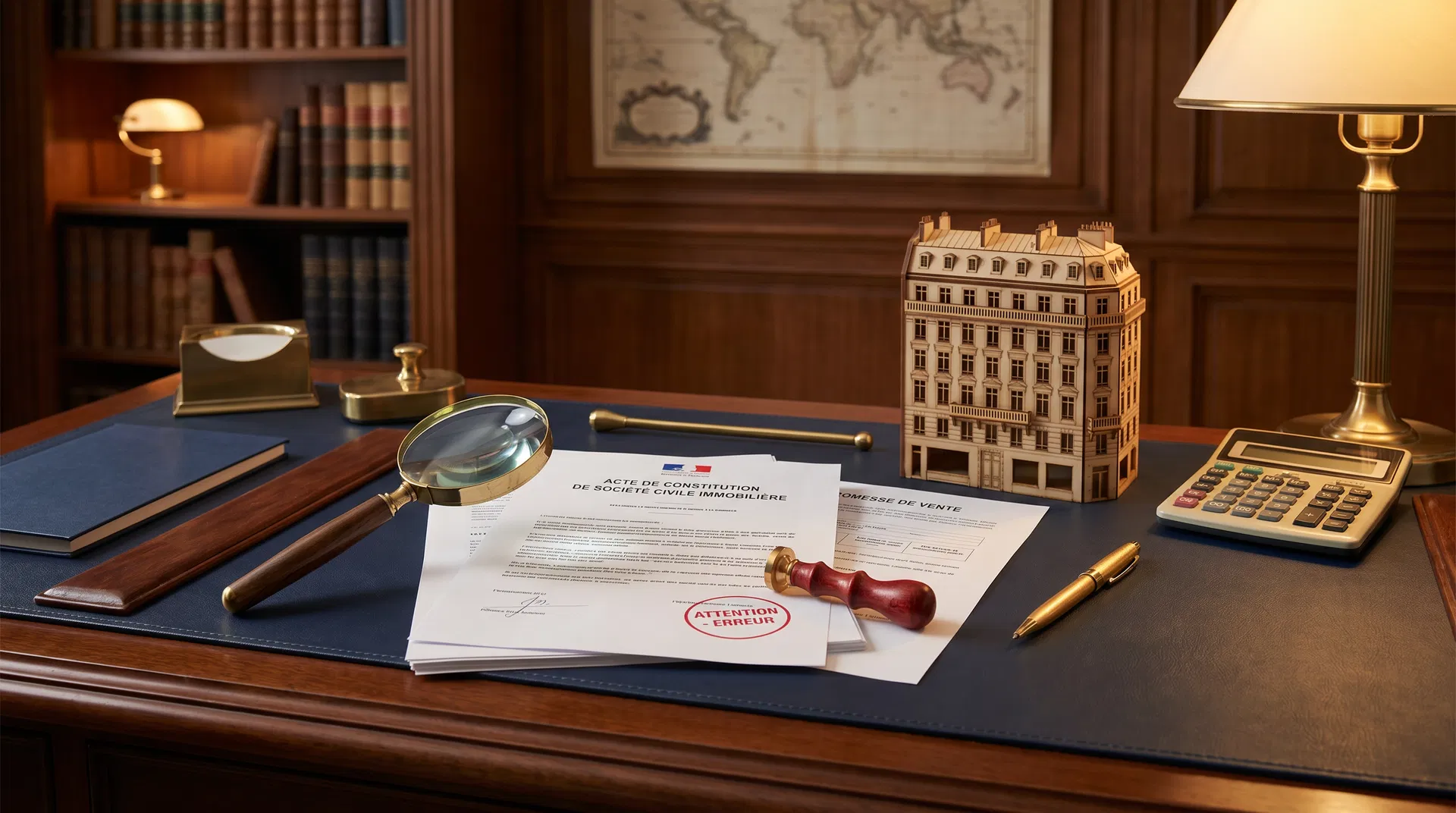 Bureau d'analyse avec acte de constitution de SCI, loupe et maquette d'immeuble — erreurs courantes en SCI