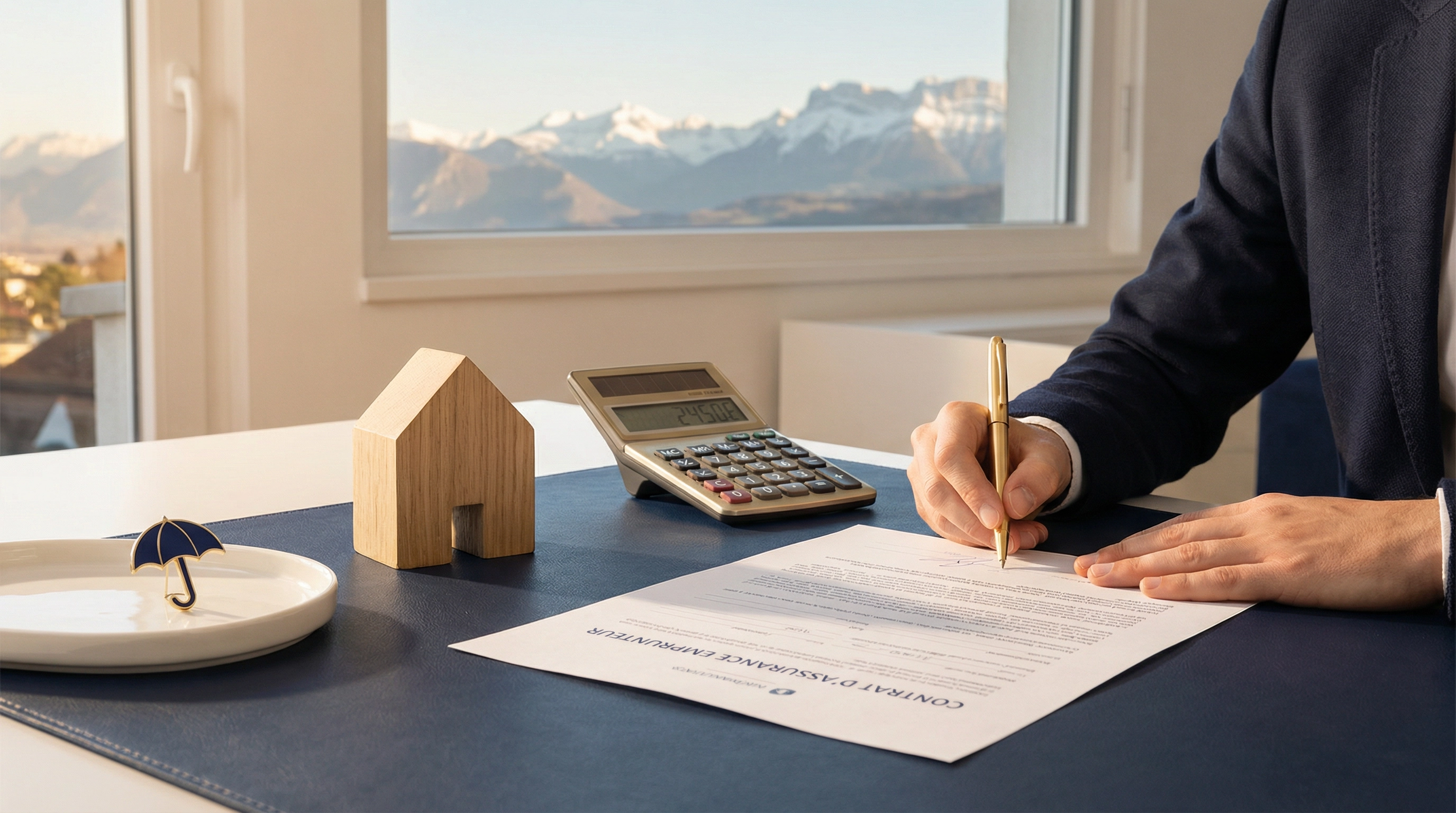 Contrat d'assurance emprunteur signé sur un bureau avec maquette de maison, calculatrice et montagnes alpines en arrière-plan