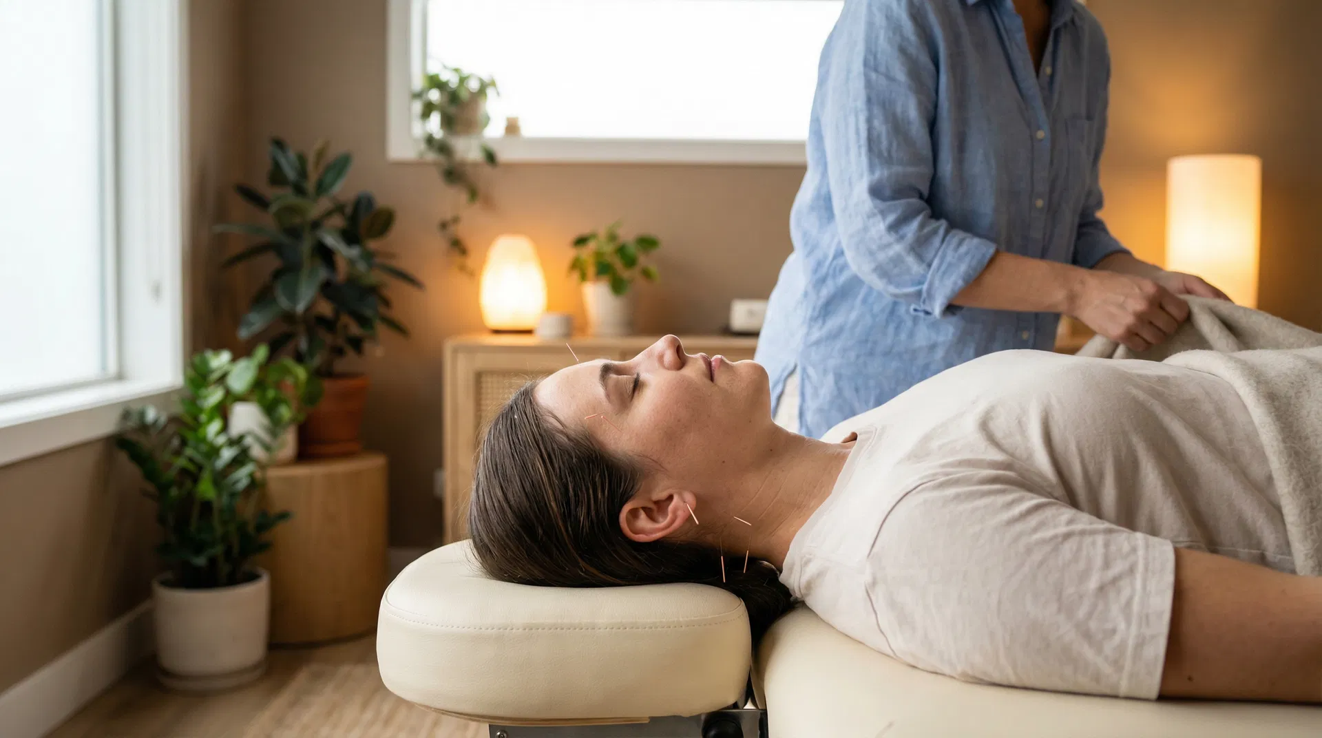Patient receiving acupuncture for anxiety and pain relief in Meridian, ID