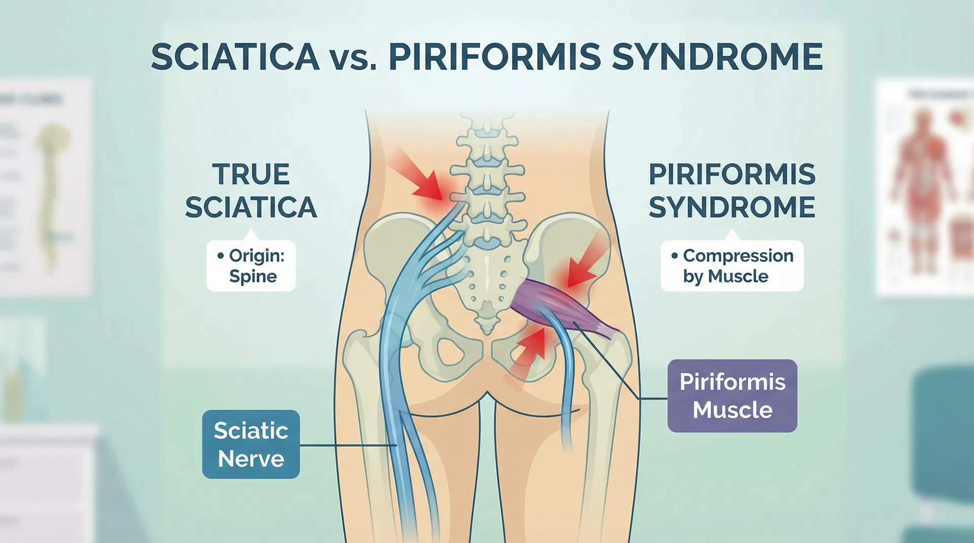 Medical illustration comparing true sciatica and piriformis syndrome in Meridian, Boise area