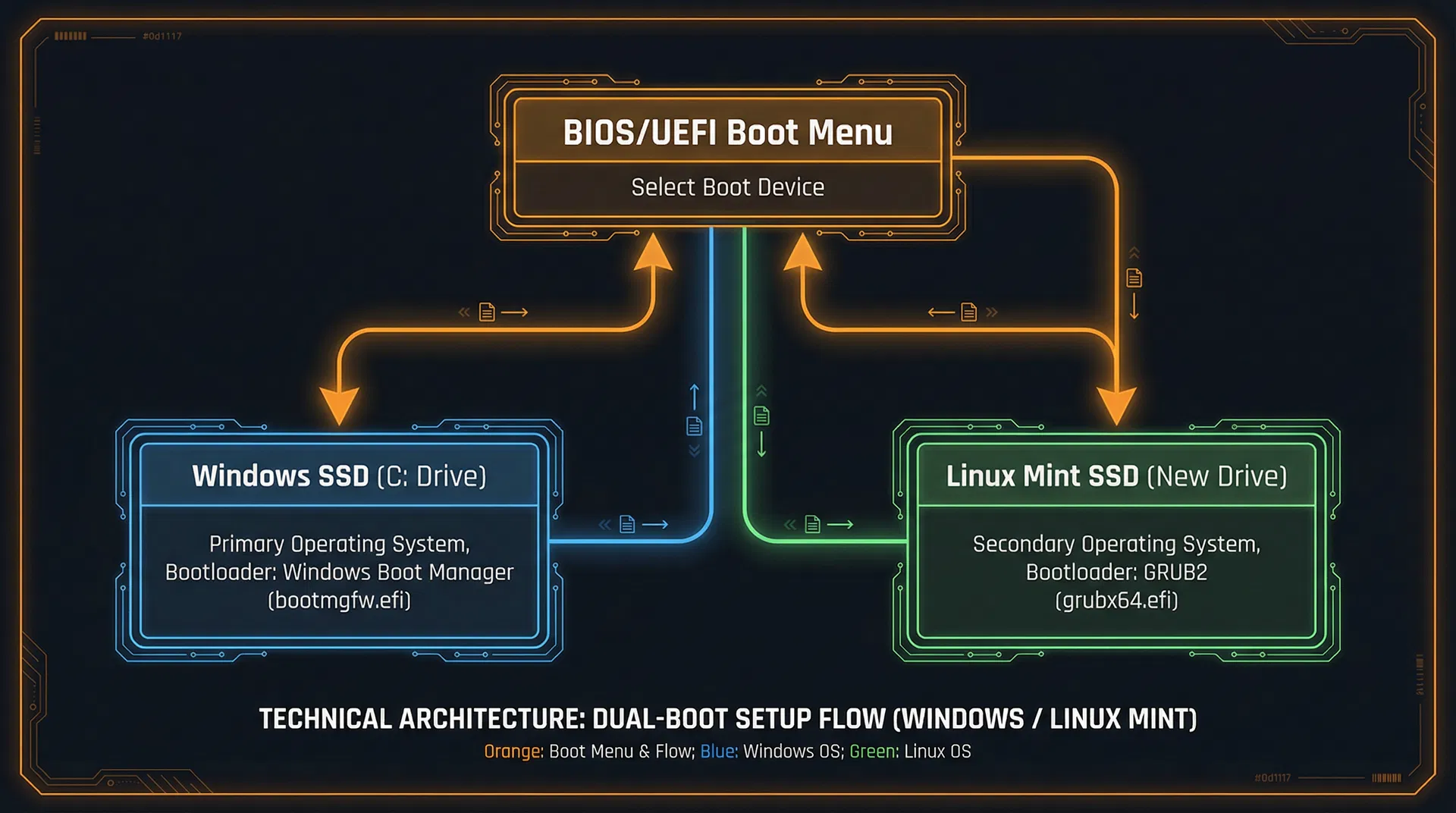 Dual-boot architecture diagram showing Windows SSD, Linux Mint SSD, and BIOS boot menu