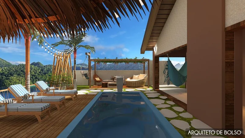 Area Externa Piscina Deck Madeira Pergolado