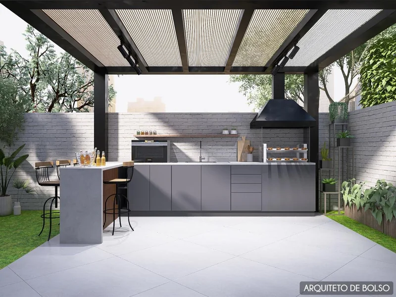 Area Gourmet Churrasqueira Pergolado Cinza