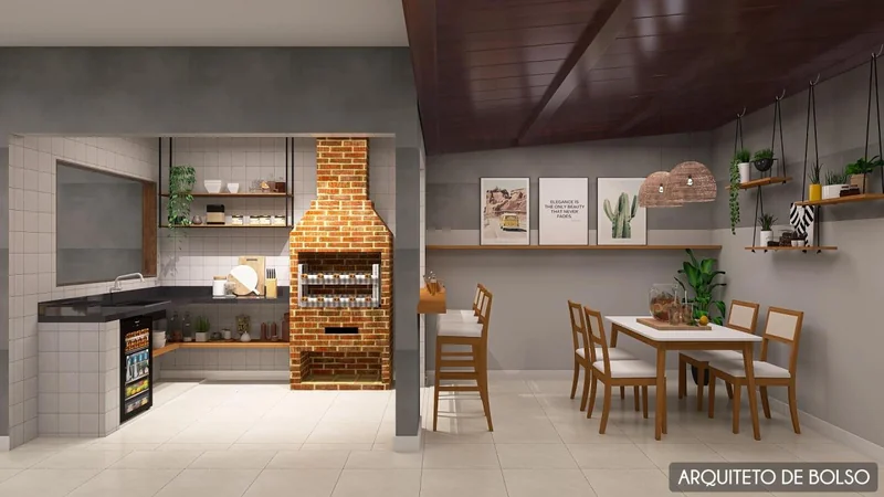 Area Gourmet Churrasqueira Tijolinho Balcao Bar