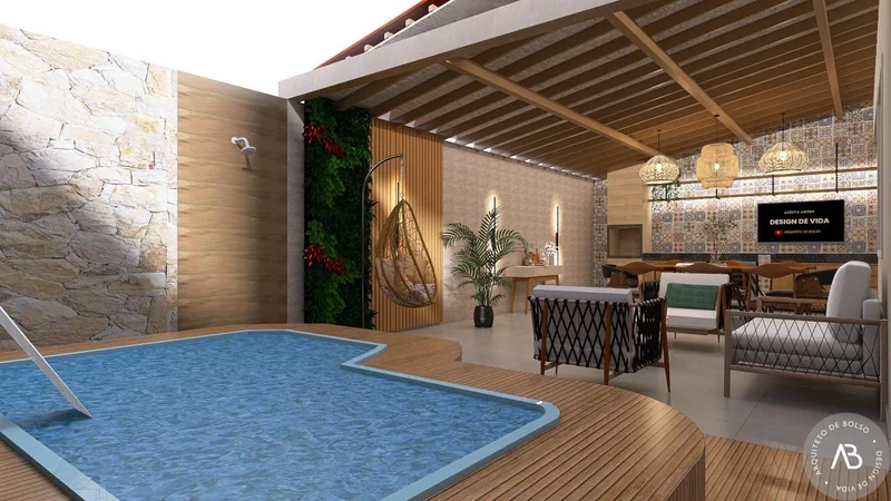 Area Lazer Piscina Pergolado Revestimento Pedra