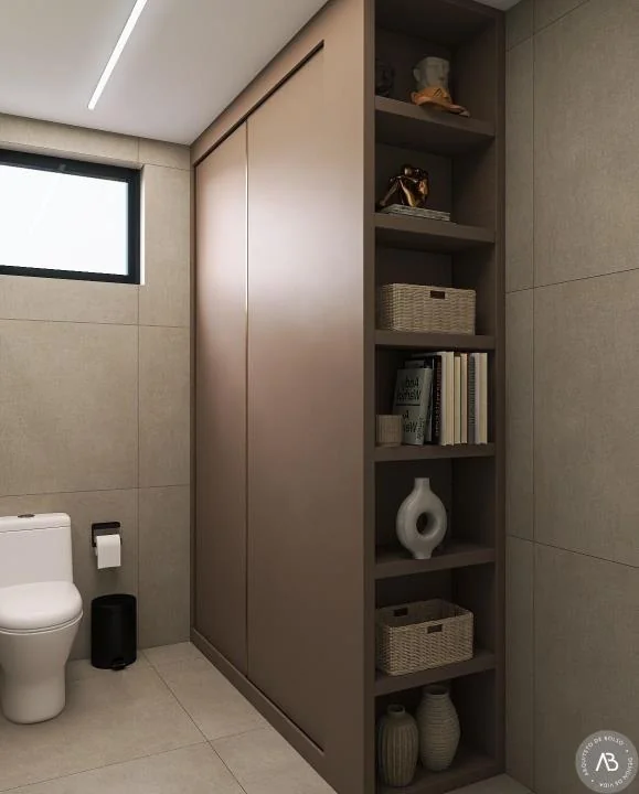 Banheiro Moderno Armario Embutido Tons Neutros