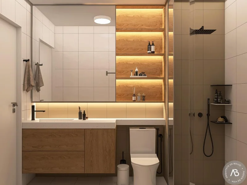 Banheiro Moderno Armario Madeira Iluminacao Led
