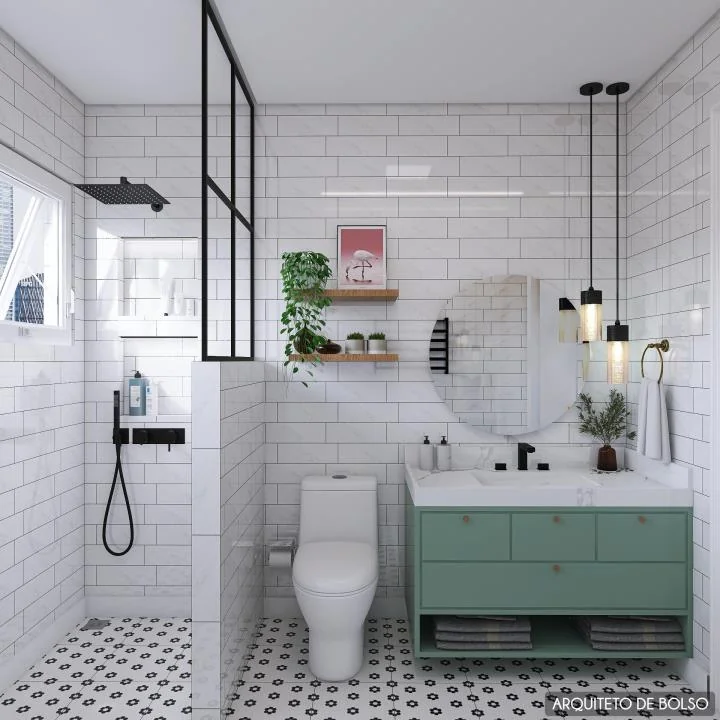 Banheiro Moderno Armario Verde Azulejo Subway