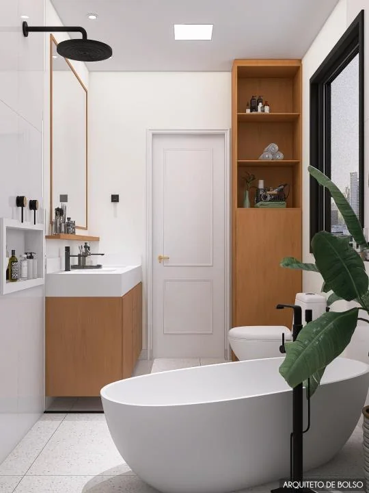 Banheiro Moderno Banheira Freestanding Detalhes Madeira