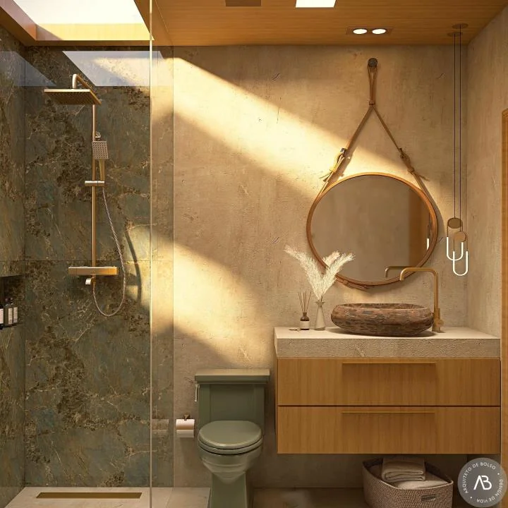 Banheiro Moderno Cuba Pedra Tons Terrosos