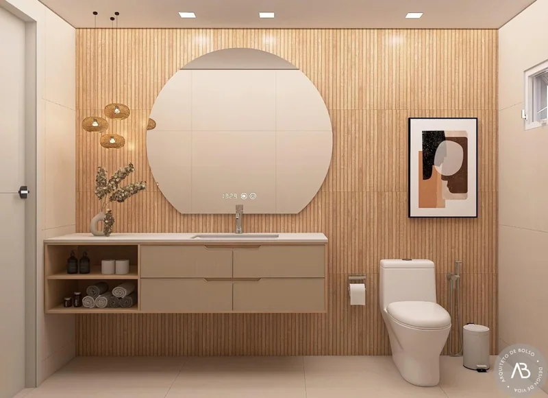 Banheiro Moderno Parede Ripada Espelho Redondo