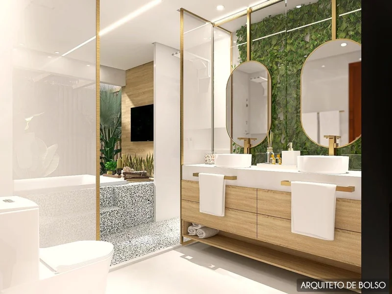 Banheiro Moderno Parede Verde Madeira Clara