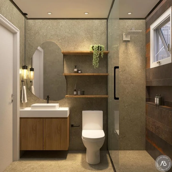Banheiro Moderno Revestimento Cimento Armario Madeira