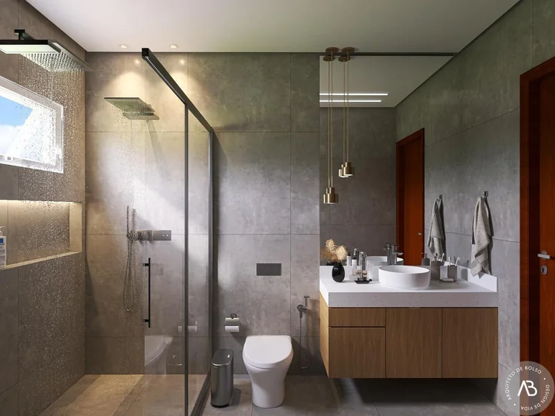 Banheiro Moderno Revestimento Cimento Cuba Apoio