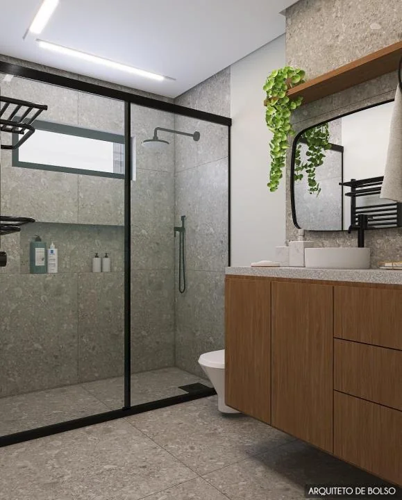 Banheiro Moderno Revestimento Cinza Armario Madeira