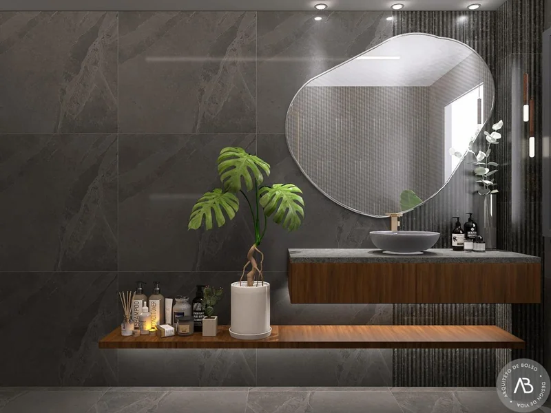 Banheiro Moderno Revestimento Escuro Espelho Organico