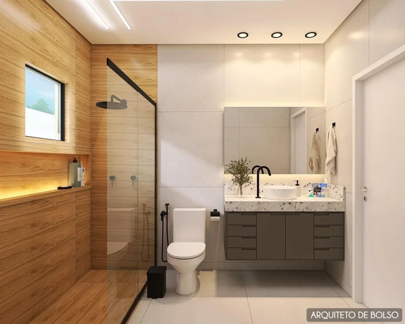 Banheiro Moderno Revestimento Madeira Cuba Apoio