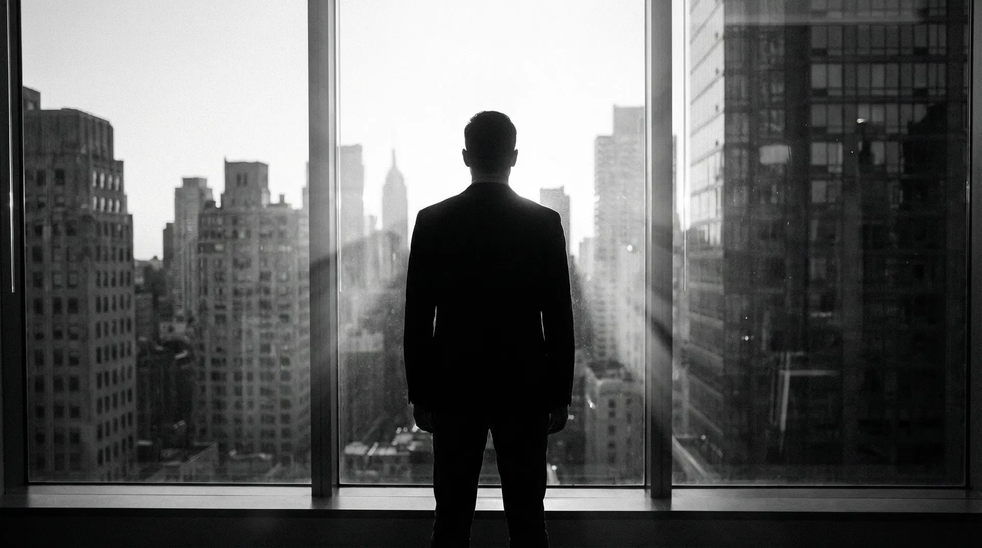 Jovem profissional olhando pela janela de um escritório com vista para a cidade, representando preparação e escala digital