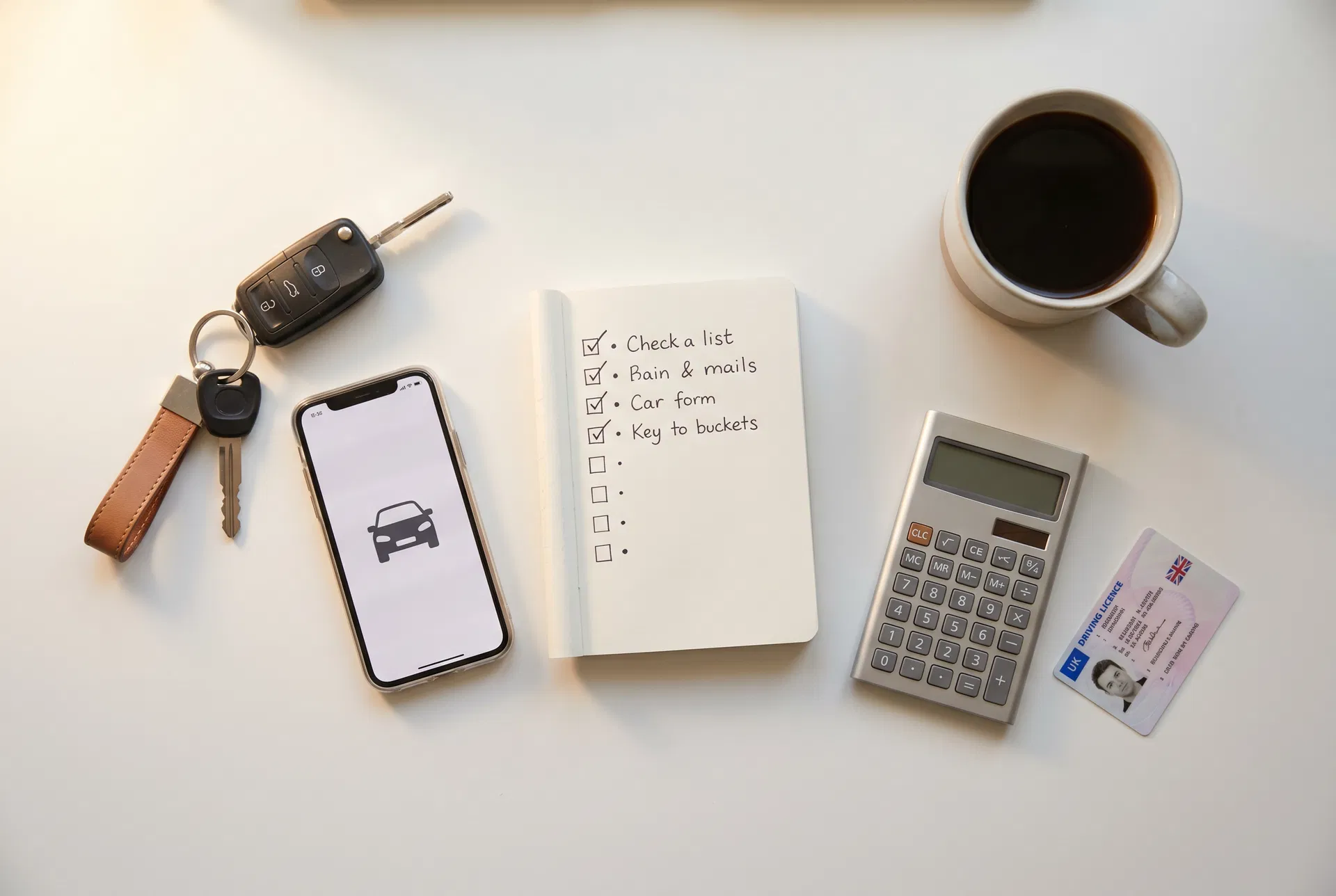 Car buying essentials flat lay