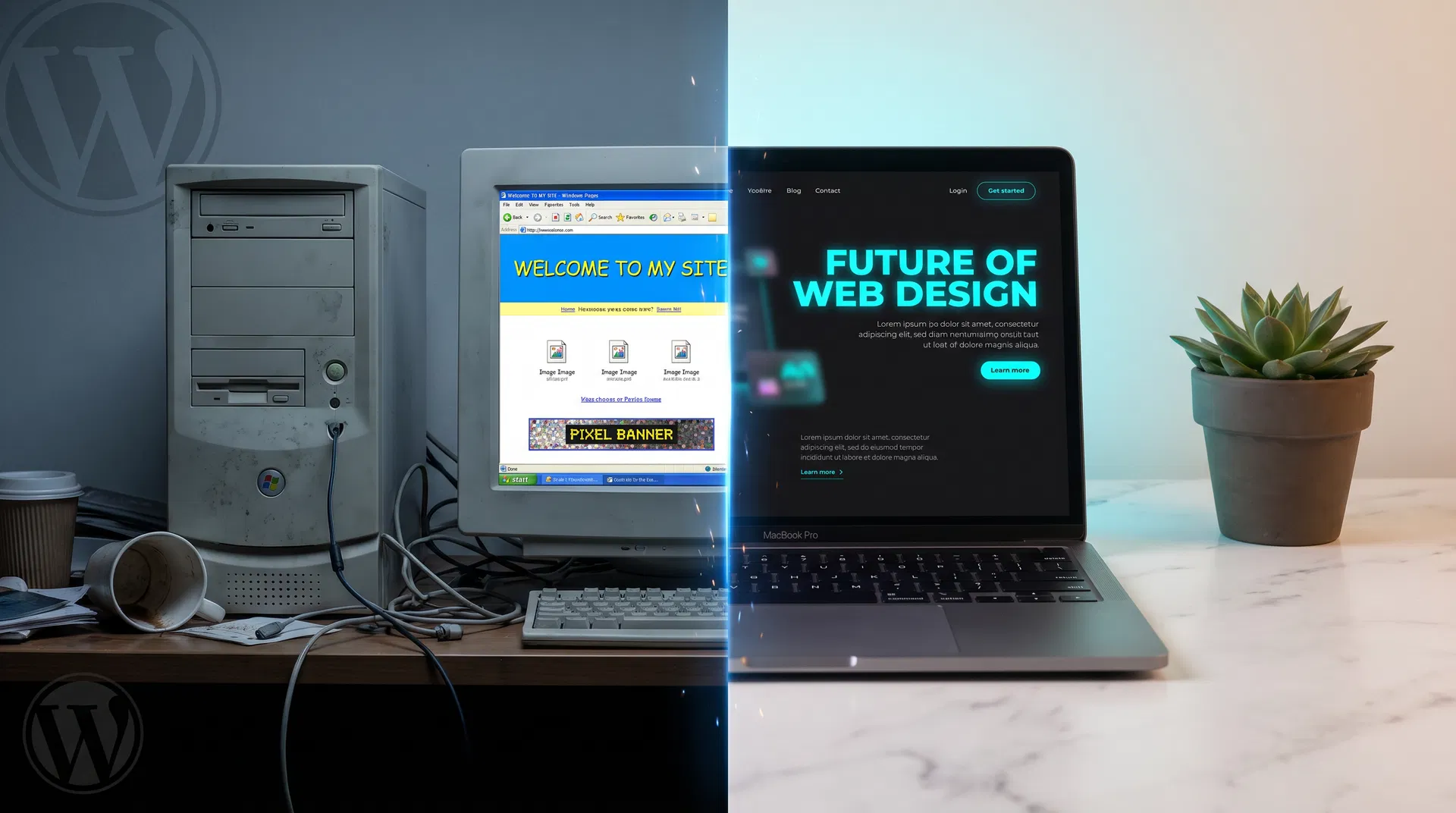 Old WordPress website on a PC versus a modern AI-built website on a MacBook — the platform shift