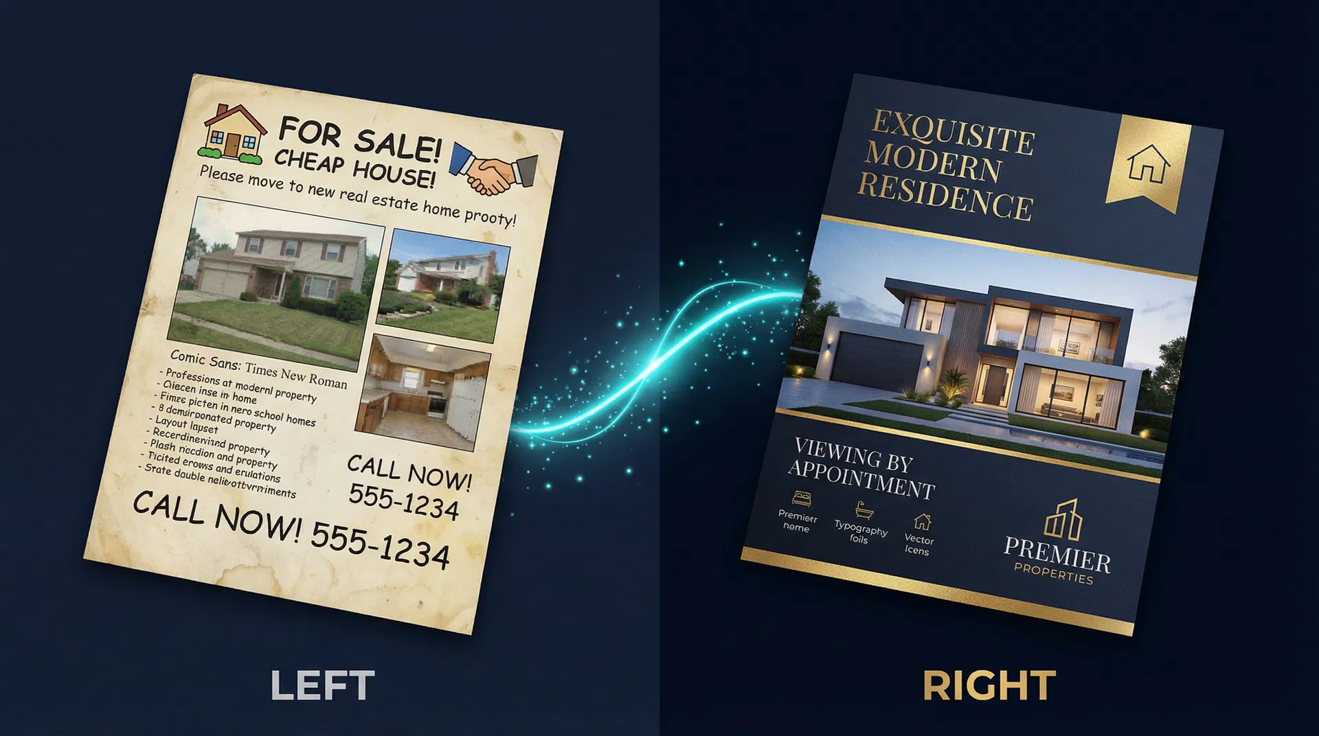 Before and after: Old crumpled real estate leaflet transformed into a stunning modern Premier Properties design by AI