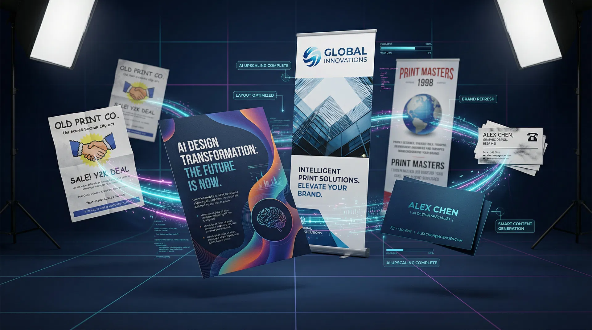 AI-powered print design transformation — old leaflets, banners, and business cards transformed into stunning modern designs