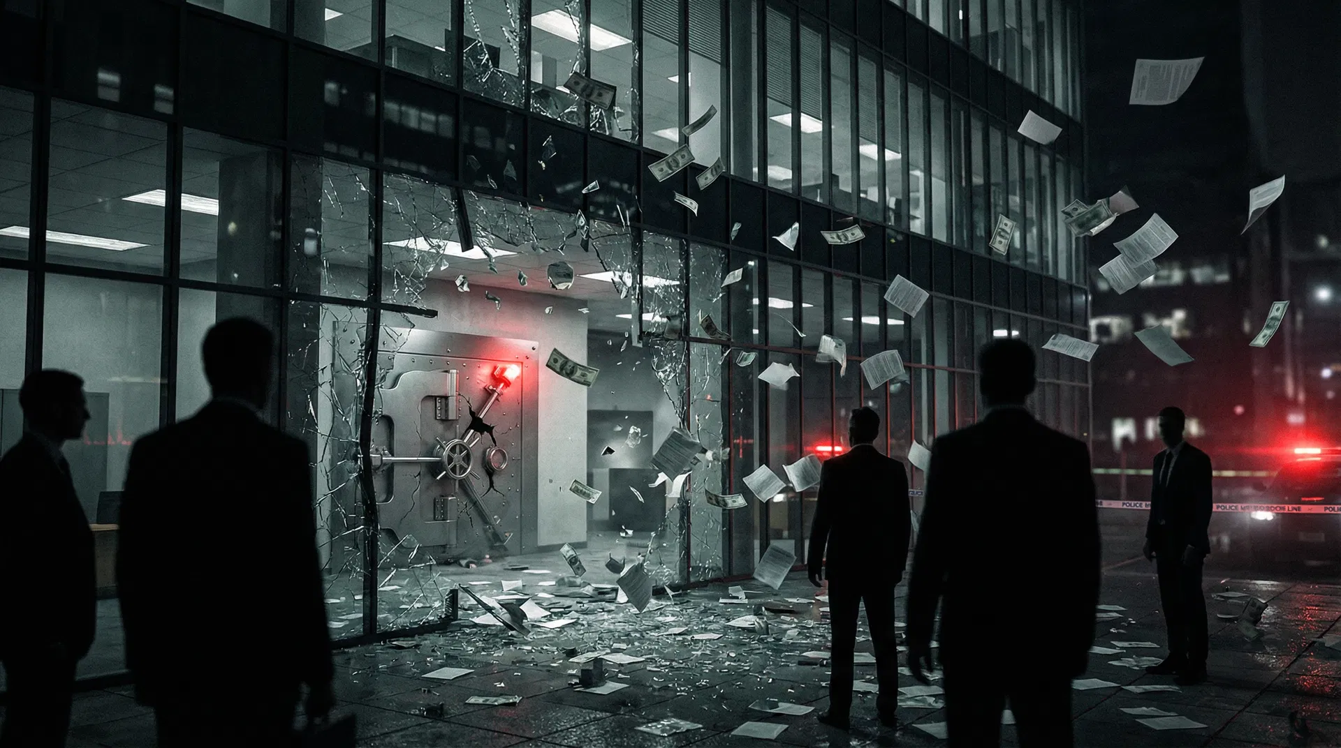 Representação artística de colapso bancário com vidros quebrados e documentos