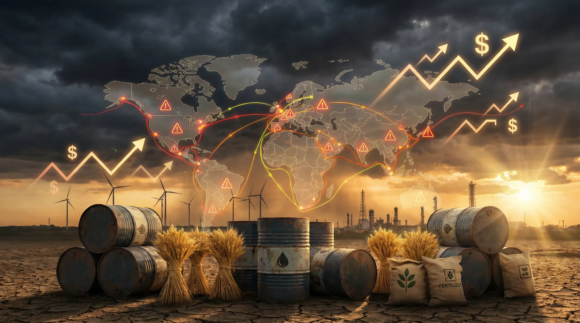 Visualização da crise energética global com barris de petróleo e campos de trigo