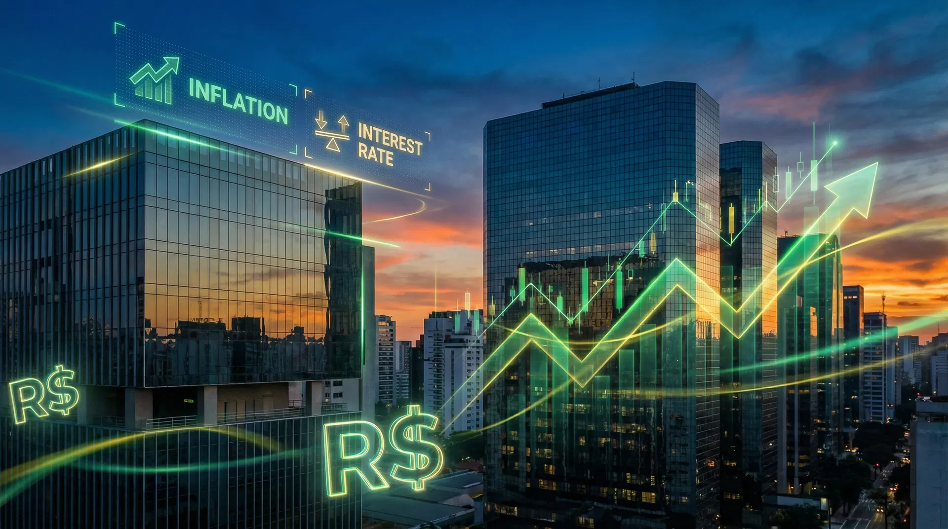 Skyline financeiro de São Paulo com gráficos de indicadores econômicos