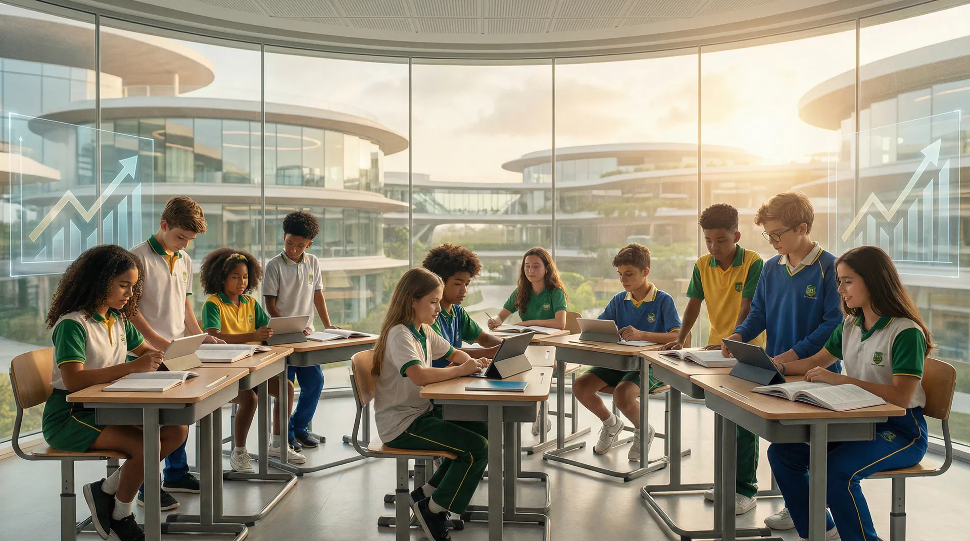 Estudantes brasileiros em sala de aula moderna com tecnologia educacional