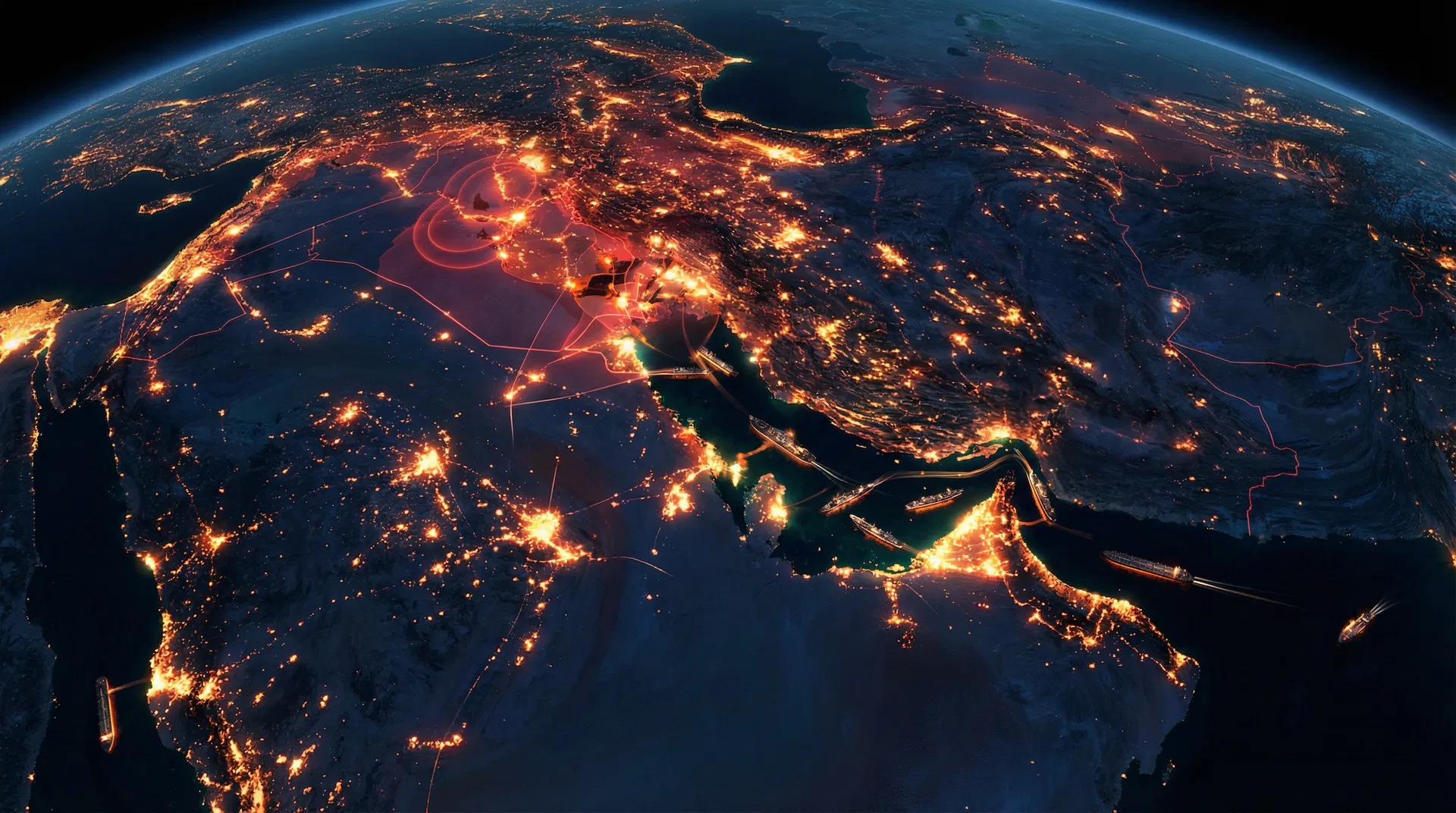Mapa estratégico do Oriente Médio mostrando zonas de conflito e rotas marítimas