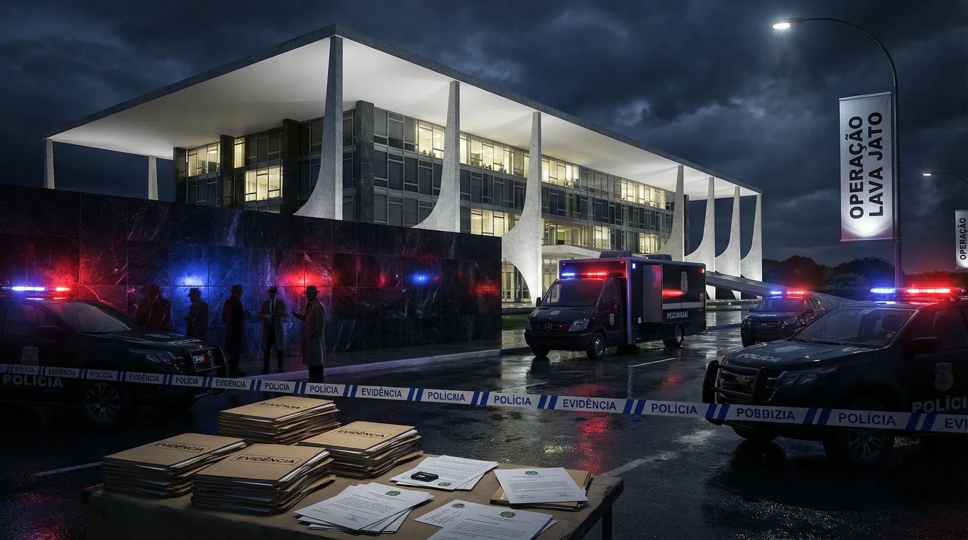 Operação policial em Brasília com viaturas e documentos de evidência
