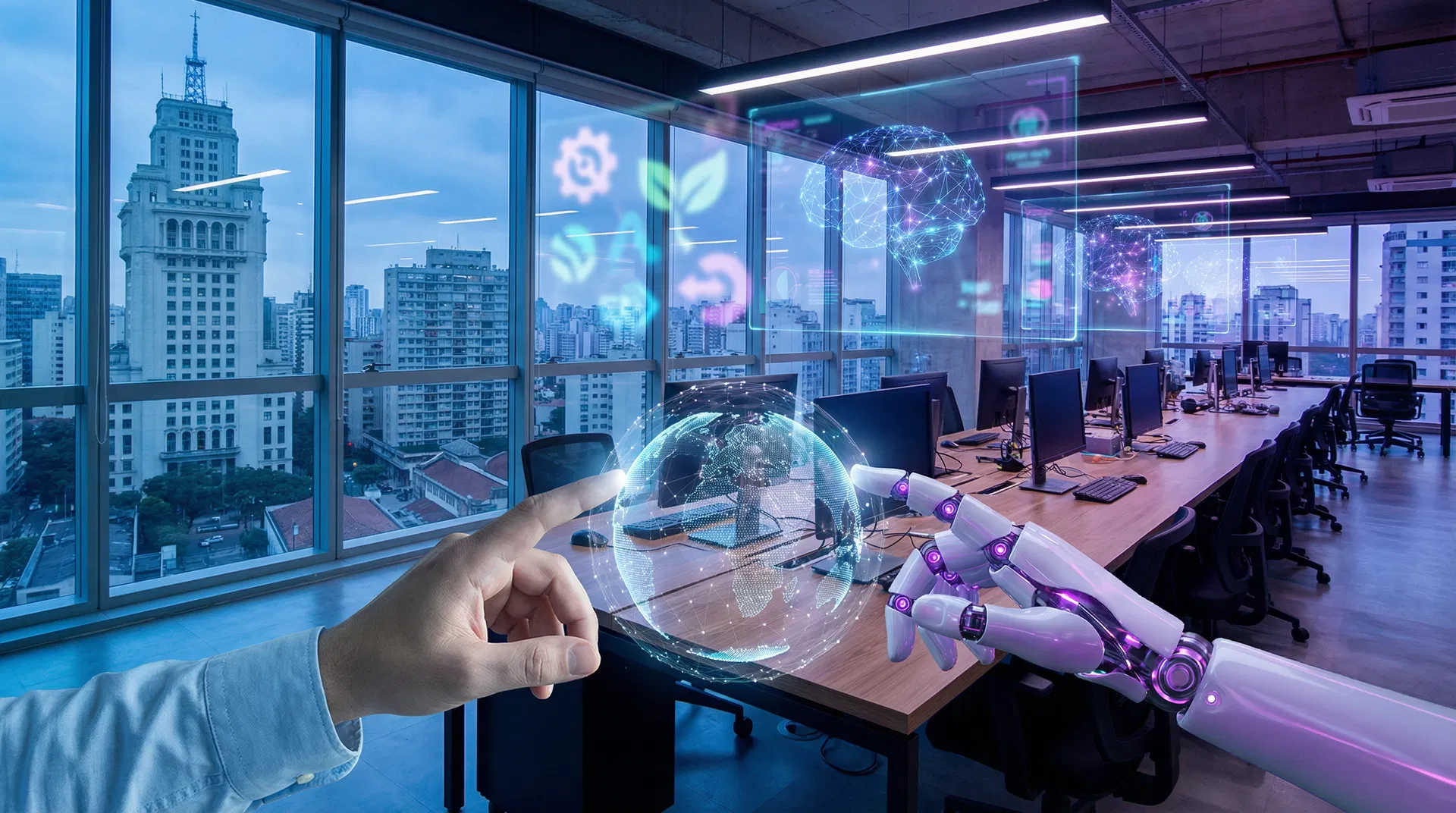 Escritório de startup em São Paulo com interfaces de inteligência artificial