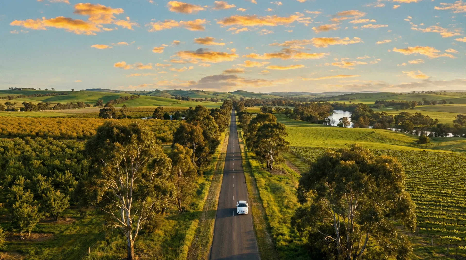 Country road through the Goulburn Valley farmland at golden hour