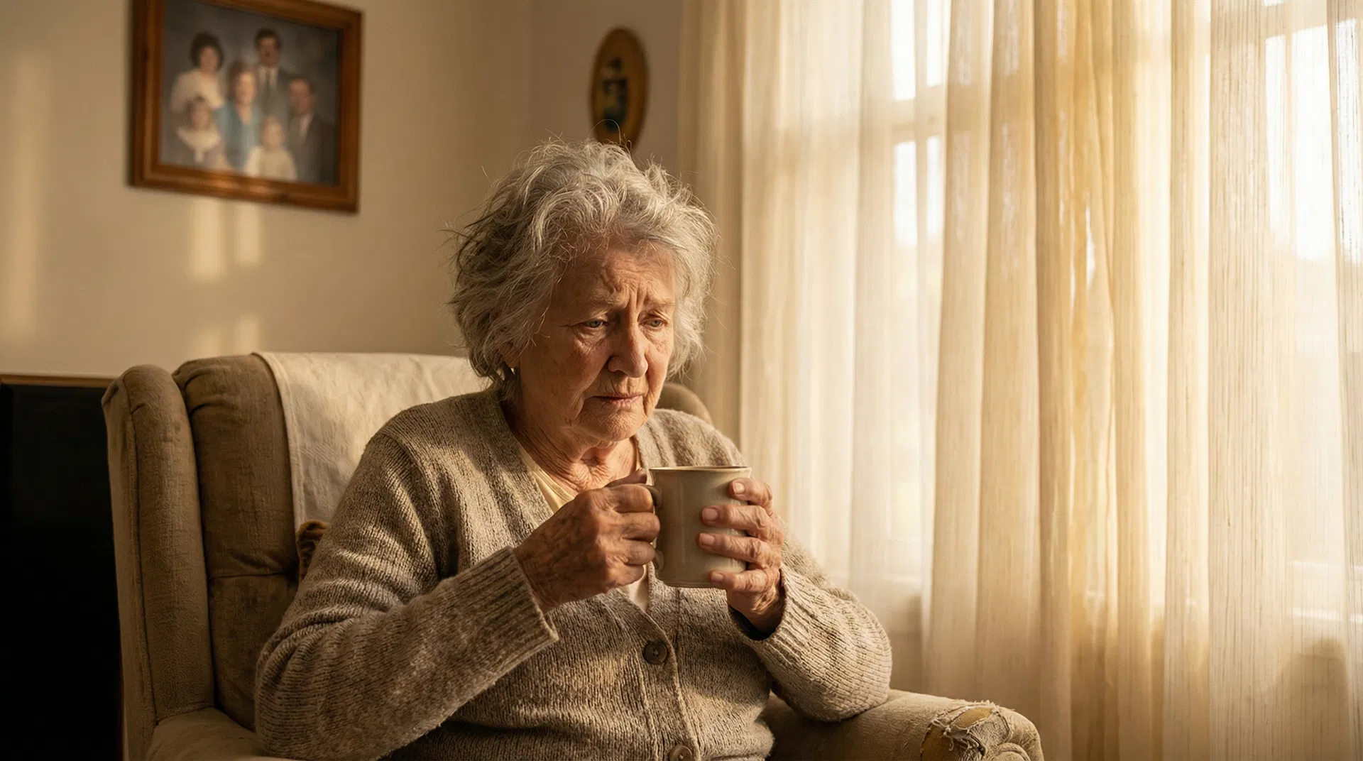 A senior sitting alone, looking pensive