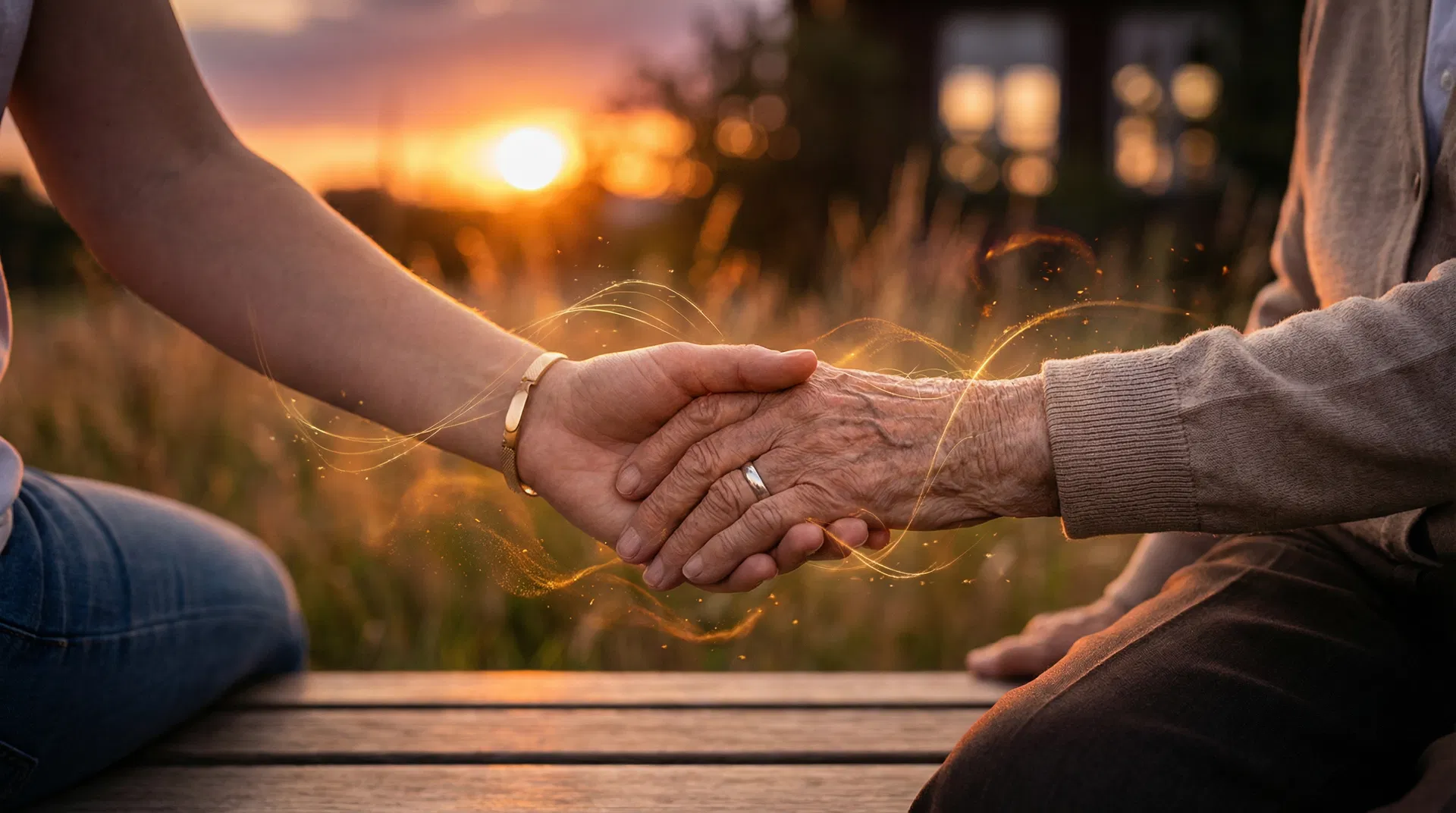 Younger hand gently holding elderly hand with golden light